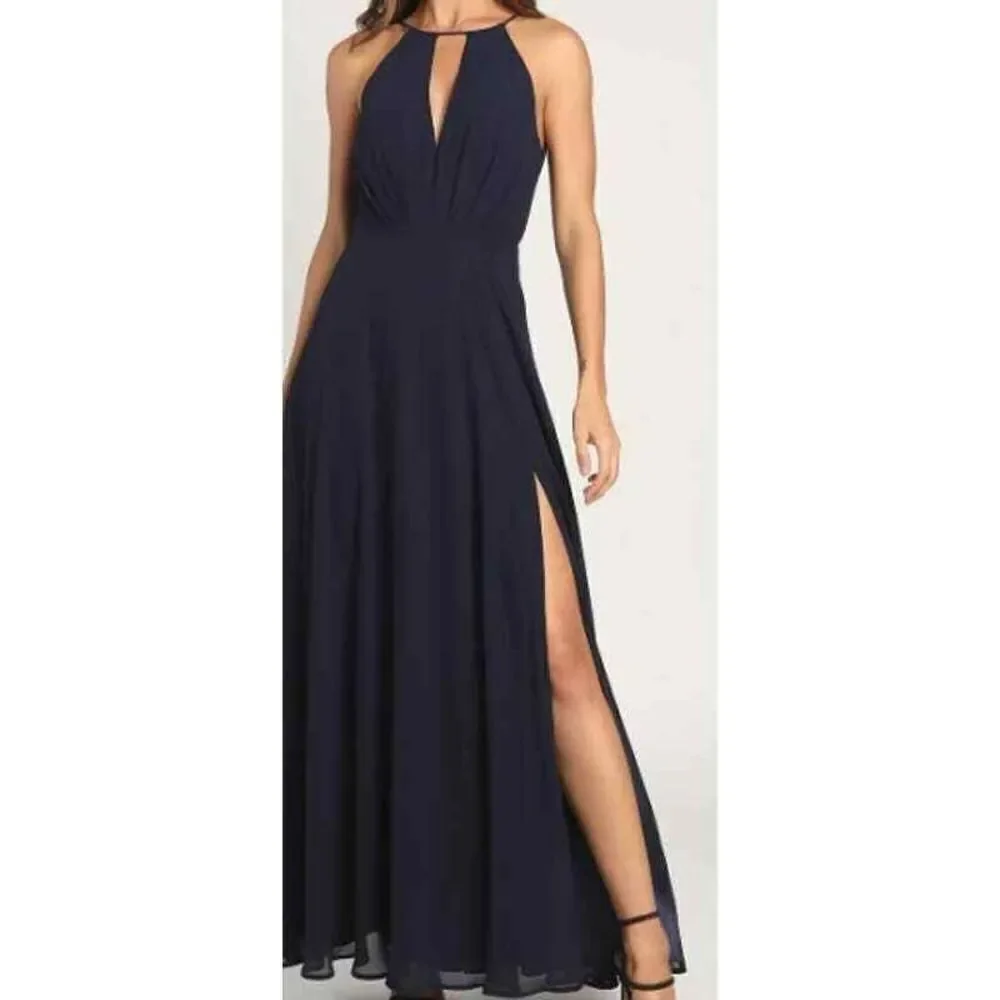 Lulu's Dress Blue Aim for Amour Navy Blue Halter‎ Neck Chiffon Maxi Dress Small
